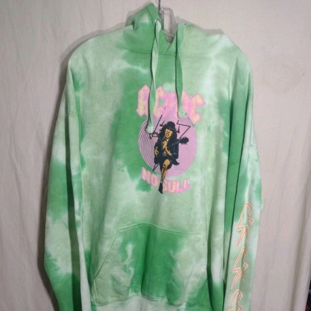 ACDC Hoodie Mens Large Green Tie Dye Rock Music Concert Pullover Sweatshirt NWT